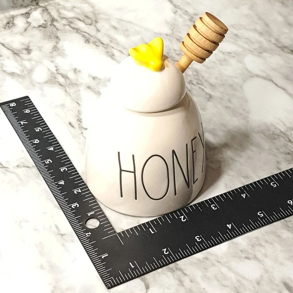 Rae Dunn Ceramic HONEY‎ Pot/ Jar With Wooden Honey Dipper  & Yellow Bee Lid
